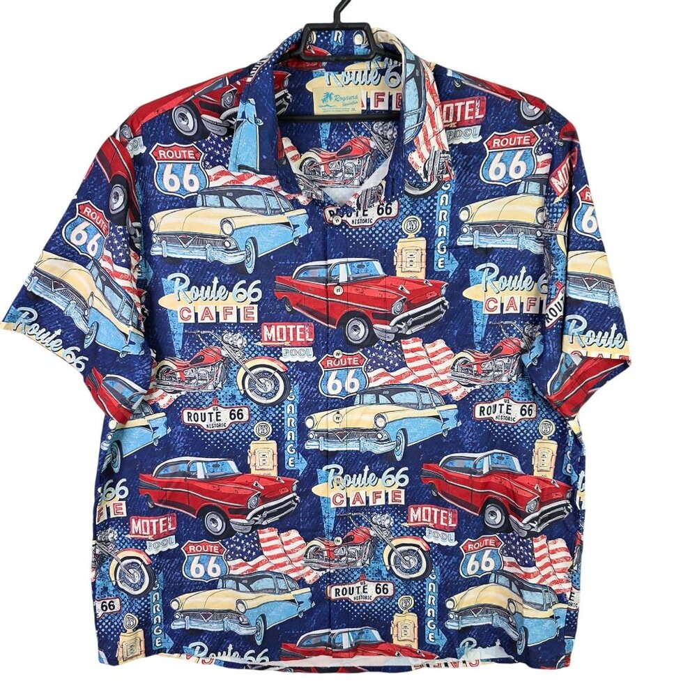 Mens Royaur Multicolor Hawaiian Route 66 Print Shirt Short Sleeve Button Up 3XL